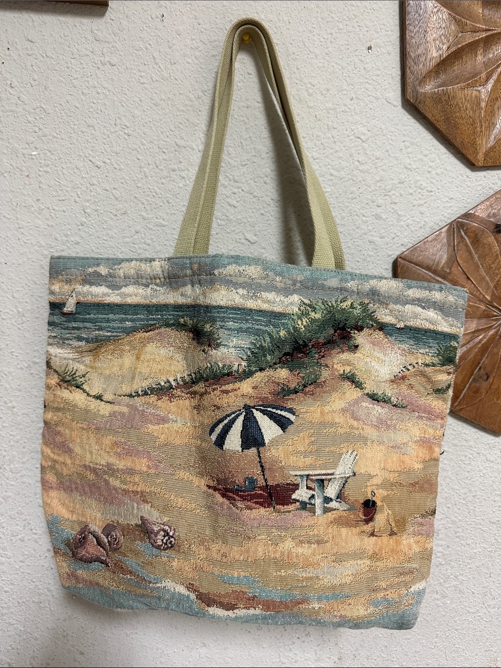 Beach Scene Tapestry Tote Bag in Beige and Blue